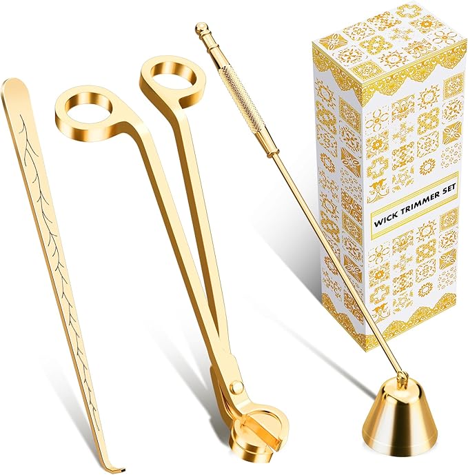 calary Candle Wick Trimmer, Candle Snuffer and Wick Dipper & Candle Accessory Set, 3 in 1 Candle Care Kit for Candle Lover (Gold)