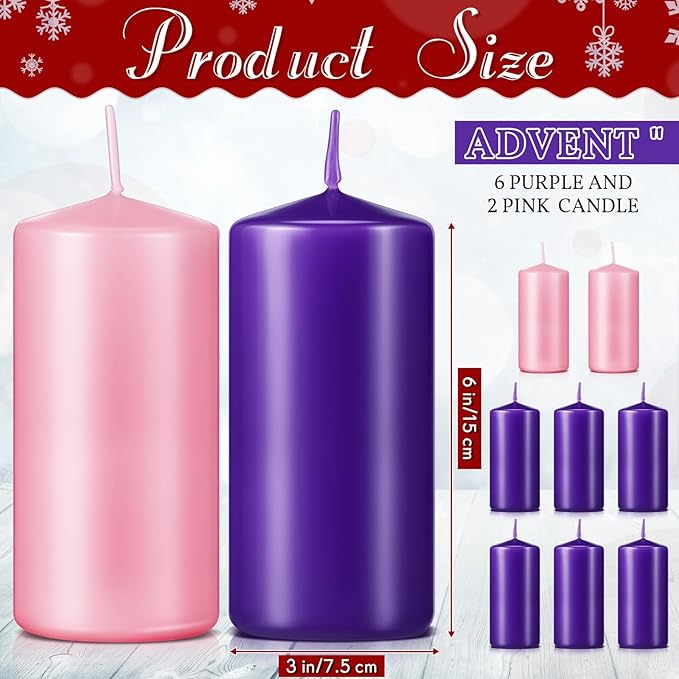 Amylove 8 Pcs 3 x 6 Inch Advent Pillar Candles Set Pink Purple Christmas Unscented Lasting Burning Church Candles for Advent Wreath Holiday Gifting