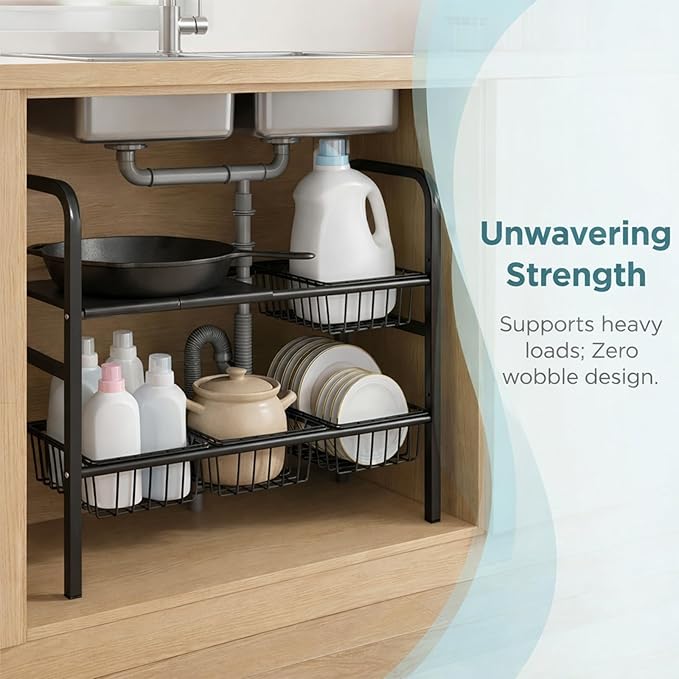 Under Sink Organizers – Expandable 2 Tier Under Cabinet Storage Rack with Adjustable Shelves, 4 Baskets & Panels, Heavy Duty Metal, Fits Around Pipes for Kitchen & Bathroom (White)