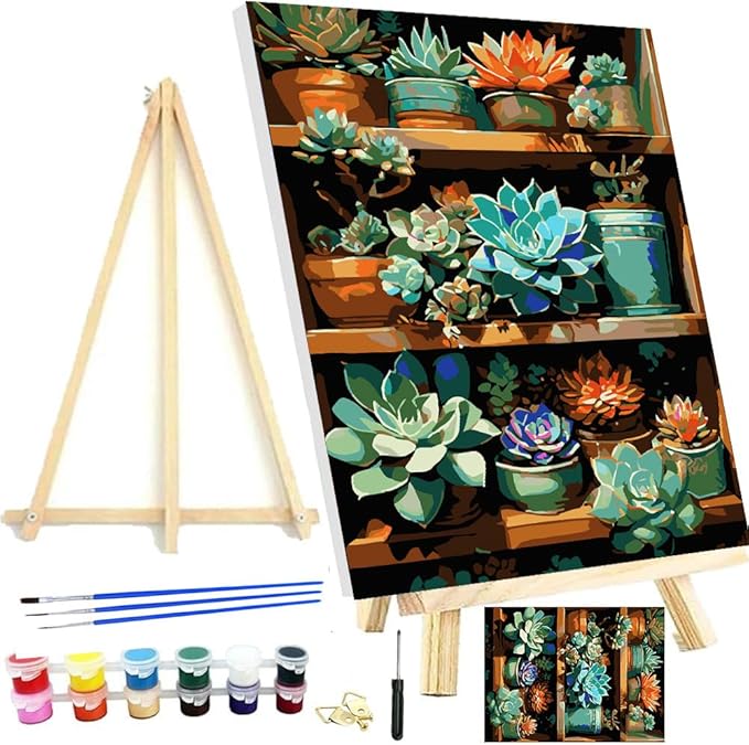 Meothan Framed Paint by Numbers Kits for Adults, Green Plants Succulent Paint by Numbers Kits on Canvas with Easel for Home Wall Decor 11.8x15.7inch (30x40cm)