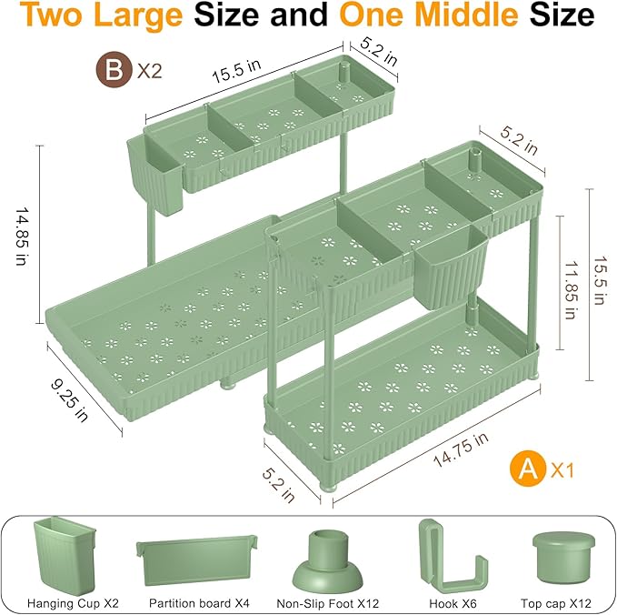 3 Pack Multi-Purpose Under Sink Organizers and Storage, 2026 L-Shaped Pull Out Cabinet Organizer for Bathroom & Kitchen, Under Cabinet Organizer with Hooks Hanging Cup (Green, 14.85 inch)
