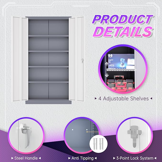 Superday Metal Storage Cabinets, 72" Storage Cabinet with Locking Door, Tall Garage Cabinet with 2 Doors and 4 Adjustable Shelves for Home Office, Classroom, Easy Assemble(White Grey)