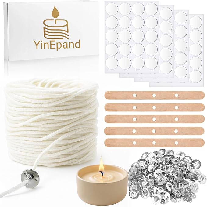 【262 Feet】 Candle Wick with 125 Pcs Metal Candle Wick Sustainer Tabs, 80Pcs Candle Wick Stickers and 5Pcs Wooden Candle Wick Centering Device, 80m Natural Cotton Candle Wicks for Candle Making Kit