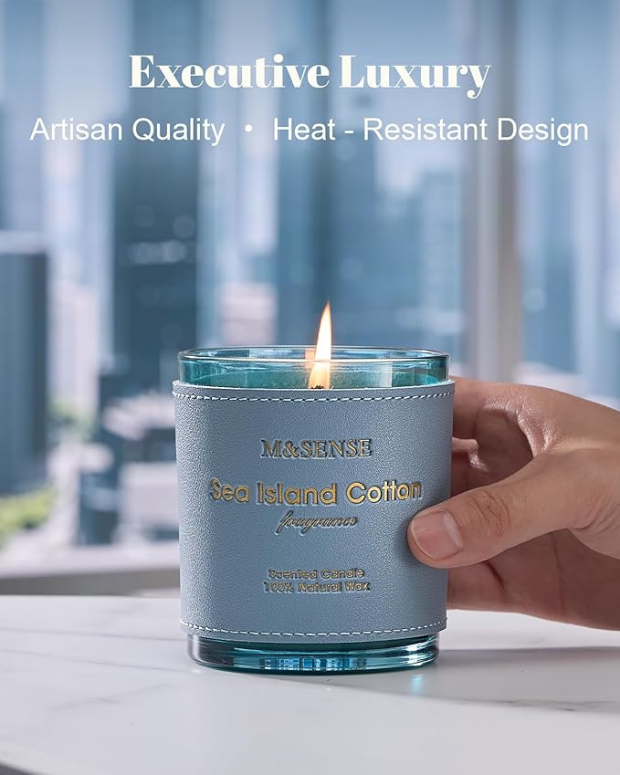 M&SENSE Summer Sea Scented Candles, Vegan Soy Wax, 10oz 42-Hour Non-Toxic Clean Burn, Fresh Linen Cotton Scents for Bathroom, Relaxing Aromatherapy Gifts for Women Men
