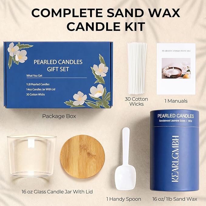 Sand Candle Making Kit Gift Set - Pearled Candle Sand and Wicks, Lidded Large Glass Jar, Jasmine Sandalwood Scent, 100-Hour Burn, Pearled Candles Making Christmas Gift for Adults & Beginners