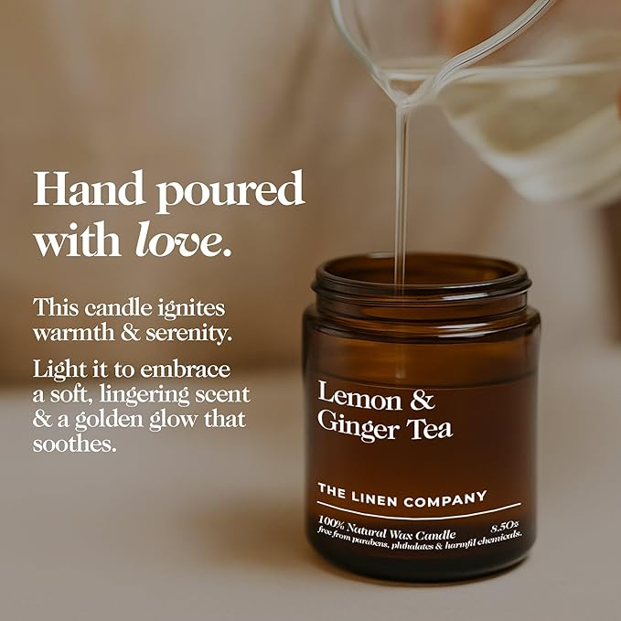 Hand Poured Non Toxic Candles - Lemon & Ginger Tea Fall Candles with Premium Natural Wax - Aromatherapy Scented Candles with Mandarin, Bergamot, Ginger & White Tea Notes - 8.5 Oz, 45 Hrs Burn Time