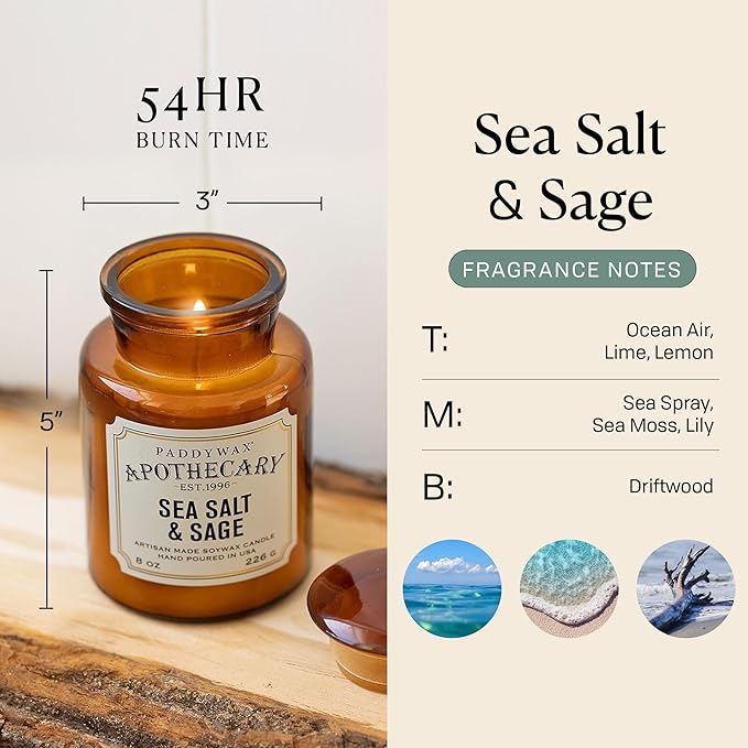 Paddywax Artisan Apothecary Scented Candle with Lid in Reusable Glass Jar, Clean-Burn Soy Candle with Approx. 54 Hour Burn Time, Sea Salt & Sage, 8 oz.