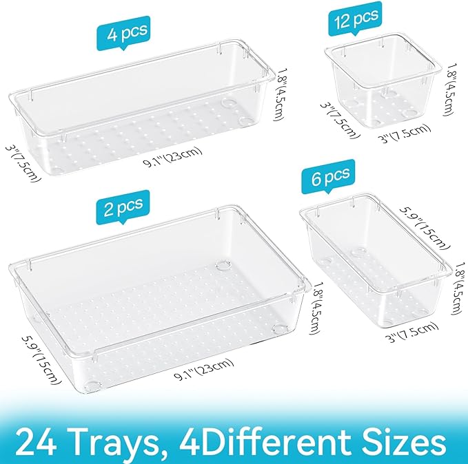 ElegantArray 24 PCS Drawer Organizer Set, 4 Sizes Tool Storage Trays, Clear Plastic Makeup Vanity Organizer and Storage Bins for Makeup, Stationeries, Multiple Gadgets for Bathroom, Office, Bedroom