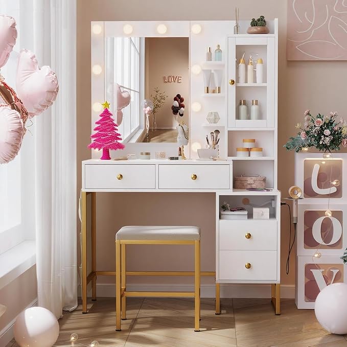 YIKEHOME 42'' Makeup Vanity Desk Set with Mirror, Vanity Table 3-Colour Lights with 5 Drawers & Shelves for Bedroom Dressing Room White (Bright White & Gold)