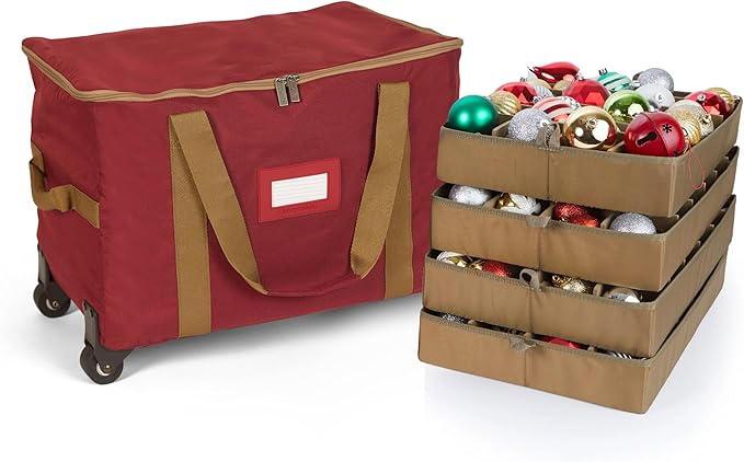 Covermates Keepsakes Rolling Adjustable Ornament Storage Bag – Heavy-Duty Polyester, FlexGrid Trays & Padded Dividers – Protective Holiday Organizer with Wheels, Handles & ID Window, Red