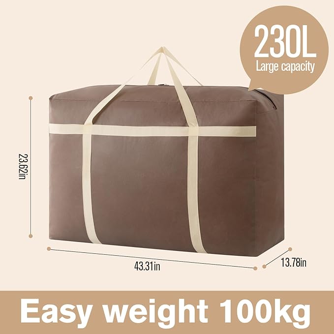 4 Pack 230L Extra Large Moving Bags with Zippers & Carrying Handles, Heavy-Duty Storage Tote Moving Boxes for Space Saving(brown, 4Pack*230L)