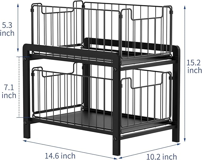NPPLUS 2-Tier Under Sink Organzier: Iron Under Sink Cabinet Organizers With Sliding Drawer - Pull Out Home Storage For Bathroom Kitchen Desktop (Black)