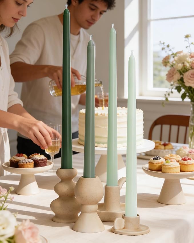 Viyffo Taper Candles, 12 Inch, 12 Pack, Green – Unscented, Smokeless Design, Up to 8-Hour Burn – Tall Candlesticks for Table Decor, Weddings & Dinners
