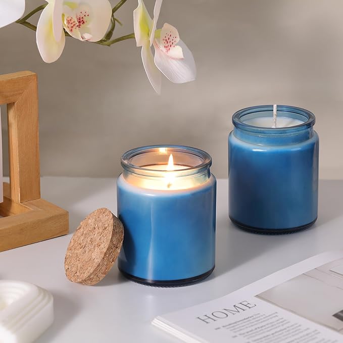 Lanttu 12 Pack Blue Candle Jars for Making Candles, 7.5oz Glass Jars with Wooden Lids and Labels, Candle Making Supplies Candle Containers for Home DIY, Gifts, Table Decor