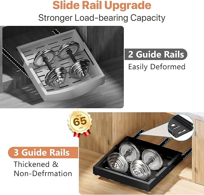 2 Pack Pull out Cabinet Organizer, Width (10"-15") Depth (11"-17"), with 3 Rails Adjustable Slide, Expandable Drawers for Cabinets, No Drill Adhesive Kitchen Drawers for Pantry Shelves black