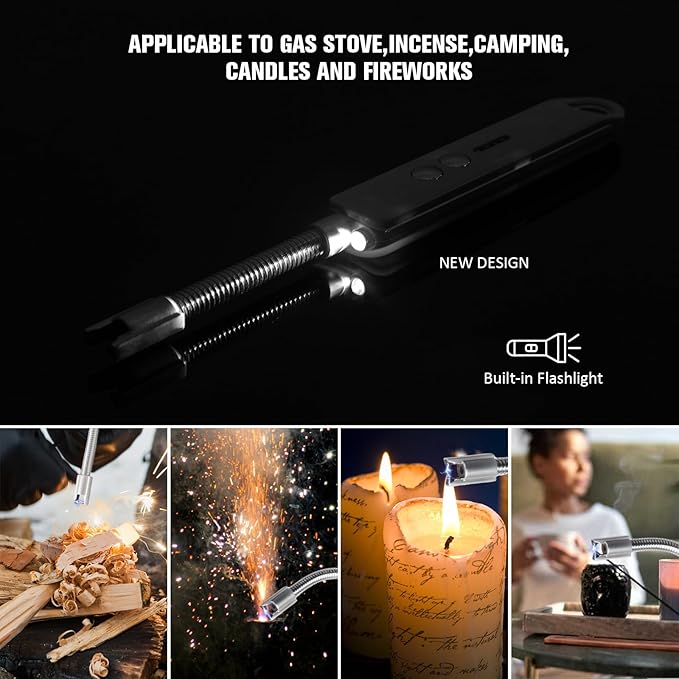 Lighters for Candle,Flameless Plasma Arc Electric Lighter USB C Rechargeable, Long Flexible Neck with Safety Switch for Birthday, Fireplace, Stocking Stuffers Gifts (Black)