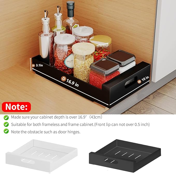 2 Pack Pull Out Drawers for Cabinets, 10" W x16.9" D Pull Out Cabinet Organizer Adhesive for Narrow Face Frame or Frameless Cabinets, Sturdy Pull Out Shelves for Kitchen,Pantry and Bathroom Vanity