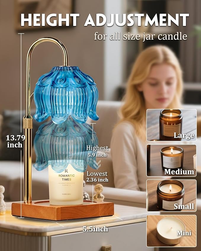 Blue Candle Warmer Lamp with Timer Dimmable, Adjustable Height Mothers Day Birthday Gifts for Women Mom, House Warming Gifts New Home Room Decor, Lotus Flower Candle Lamp Warmer for Jar Candle