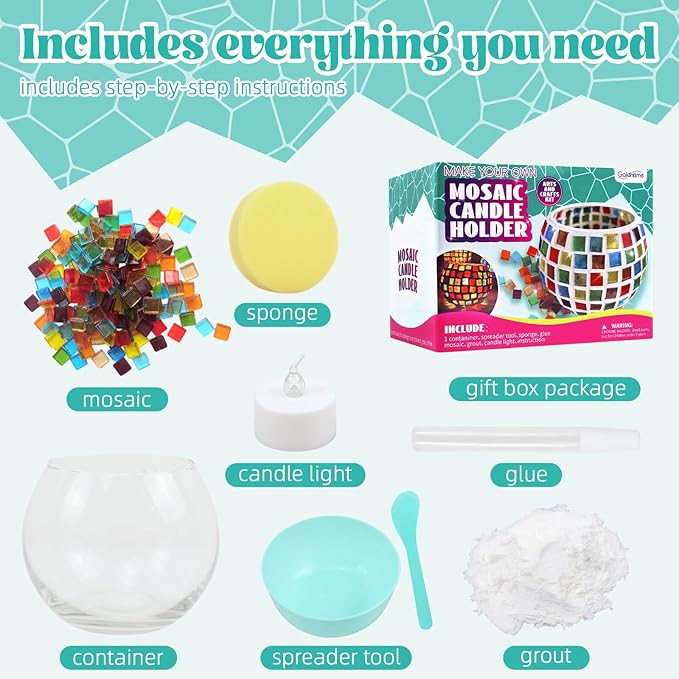 goldentime Glass Mosaic Candle Holder Kit, DIY Stained Glass Kit for Adults Home Decor Fun Arts and Crafts Gifts for Teens Adults Valentine Birthday Mother’s Day Gifts