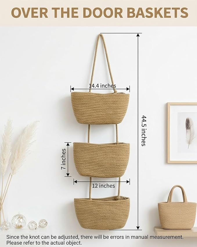 Over the Door Hanging Basket 3 Tier Woven Cotton Wall Mounted Storage Bag Boho Cottage Jute Baskets Kitchen Produce Organizer Vegetable Hang Wicker Closet Bathroom Decor Organizing Shelf(Brown)