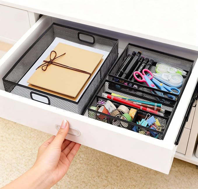 Noamus 3 Pack Office Drawer Organizer, Desk Drawer Divider Tray, Metal Mesh Desktop Basket, 6 Compartments Pen Storage Box for Makeup, Stationery, Office Supplies & Accessories, Kitchen(Black,3 Size)