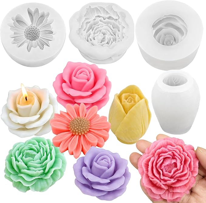 4 Pcs Flower Silicone Molds Set, 3D Floral Silicone Molds Daisy, Peony, Rose, Tulips, Easy Release, Ideal for DIY Candles, Soap, Epoxy Resin Casting Mom Gifts