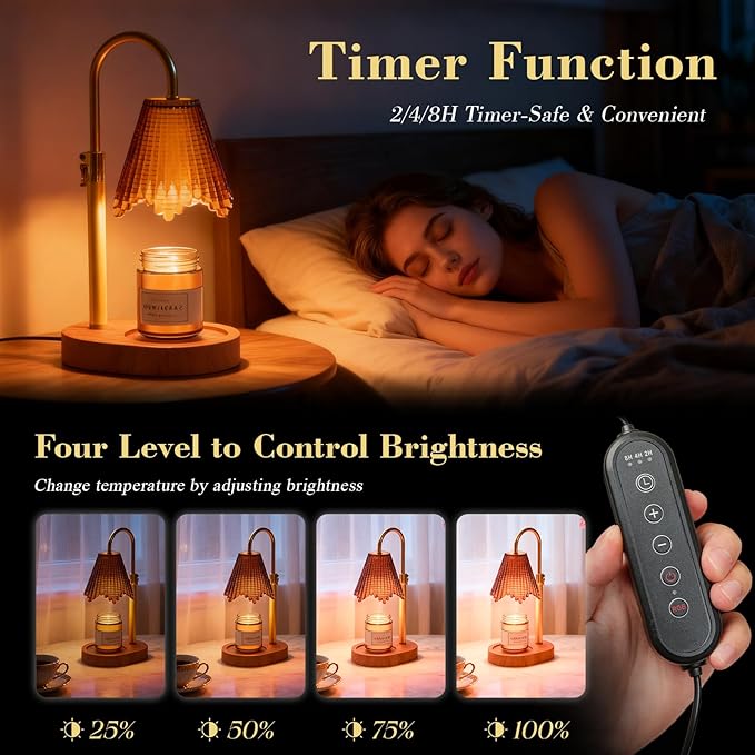 Candle Warmer Lamp with Adjustable Height - Flameless 4-Level Dimmable Wax Warmer with Colorful Glass Shade & Wooden Base, Timer Function & Stylish Design in Multiple Colors (Brown2)