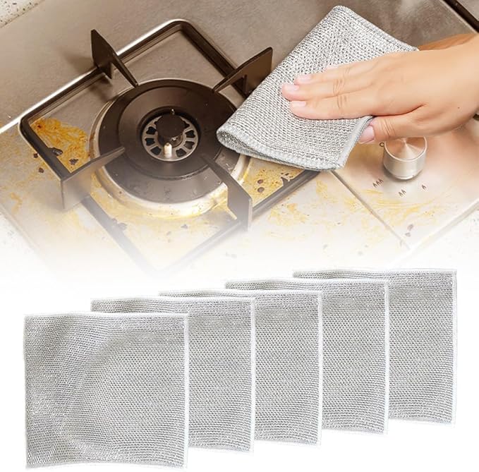 Multipurpose Wire Dishwashing Rags for Wet and Dry, New Double Layer Wire Cleaning Cloths Non Scratch Wire Dishcloth Rag, Reusable Scrubbing Pads for Washing Dishes Kitchen Supplies (6PCS)