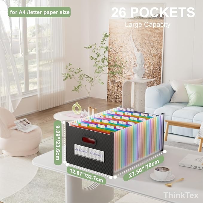 ThinkTex 26 Pockets Expanding File Folder, Upright & Open Top, A-Z Colorful Tabs, Larger Capacity Accordian Folder, Letter/A4 Size for School, Home and Office