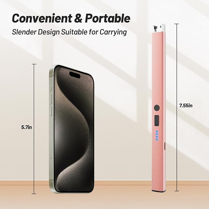 Candle Lighter, Windproof Electric Lighter with Safety Lock, USB Type-C, Rechargeable, Led Display, Lighters for Candle, BBQ, Camping, Festivals (Rose Gold)