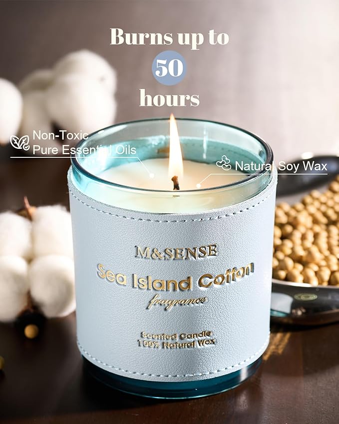 M&SENSE Summer Sea Scented Candles, Vegan Soy Wax, 10oz 42-Hour Non-Toxic Clean Burn, Fresh Linen Cotton Scents for Bathroom, Relaxing Aromatherapy Gifts for Women Men