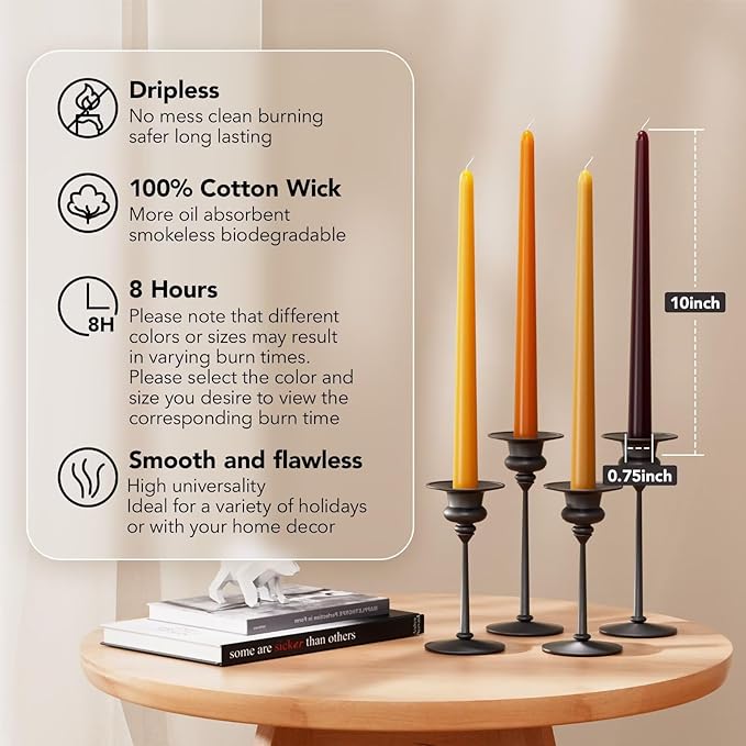 10-Inch Tall Dripless Taper Candles Set of 4 - Fall Tapered Candles, Perfect for Halloween,Fall - Smokeless, Unscented, Long Burning - Hand Poured, Colored Tall Candlesticks - Thanksgiving