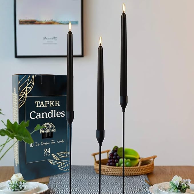 24 Pack Tall Taper candles-10 Inch Black Dripless, Unscented Dinner Candle Sticks, for Shabby, Halloween, Christmas, Wedding, 8 Hours Burn Time.