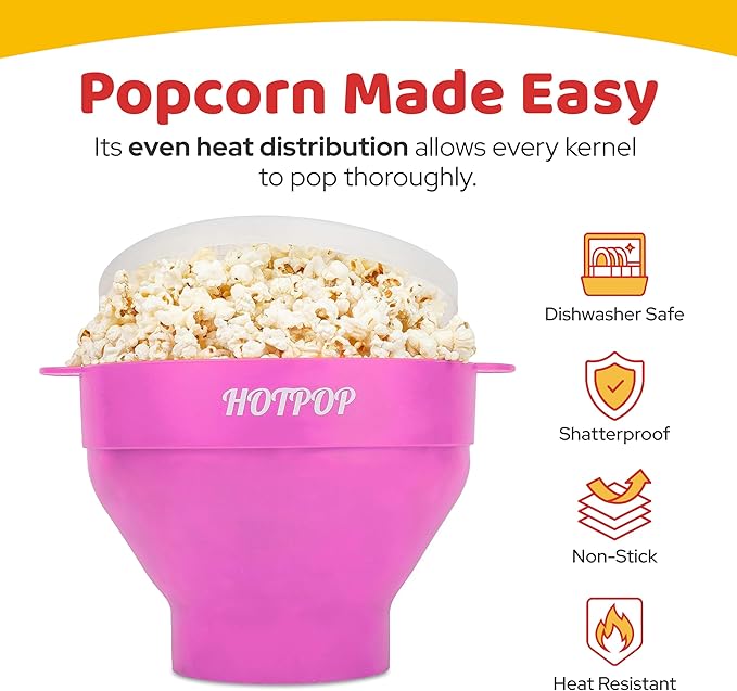 The Original Hotpop Microwave Popcorn Popper, Silicone Popcorn Maker, Collapsible Bowl BPA-Free and Dishwasher Safe- 20 Colors Available (Pink)