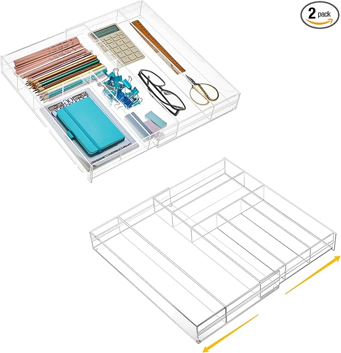 Briwooody 2 Pcs Acrylic Drawer Organizer 9'' up to 18'' x 15'' x 2'' Expandable Drawer Organizer Pens Notebook Ruler Makeup Tray with 7 Adjustable Compartments for Desk Office Kitchen Bathroom(Clear)