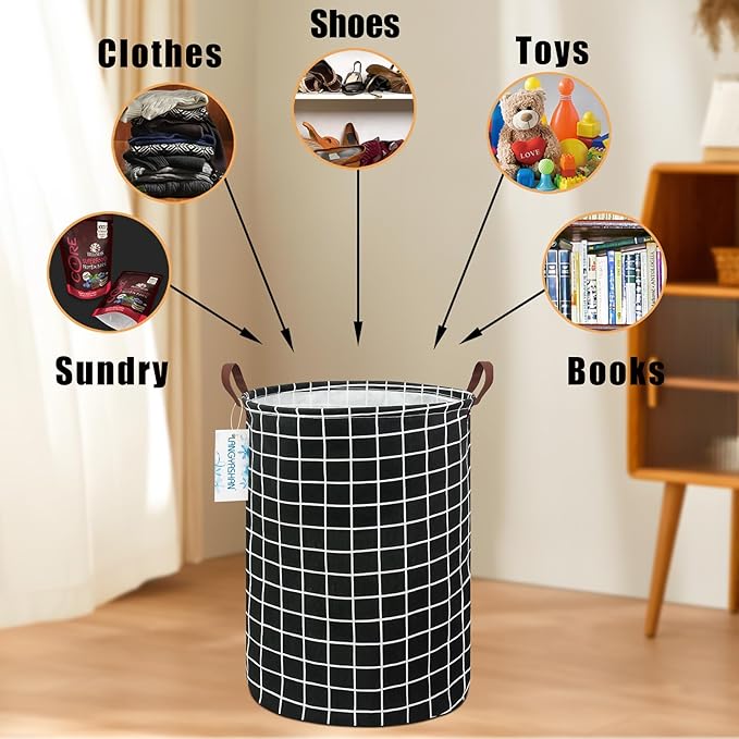 LANGYASHAN Laundry Basket Canvas Fabric Collapsible Organizer Basket for Storage Bin Toy Bins Gift Baskets Bedroom Clothes Children Nursery Hamper (Black Grid)