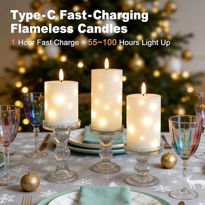 Rechargeable Glass LED Flameless Candles, Embedded Star String Flickering Flameless Candles for Romantic Ambiance and Home Decoration with Remote & Timer(White)