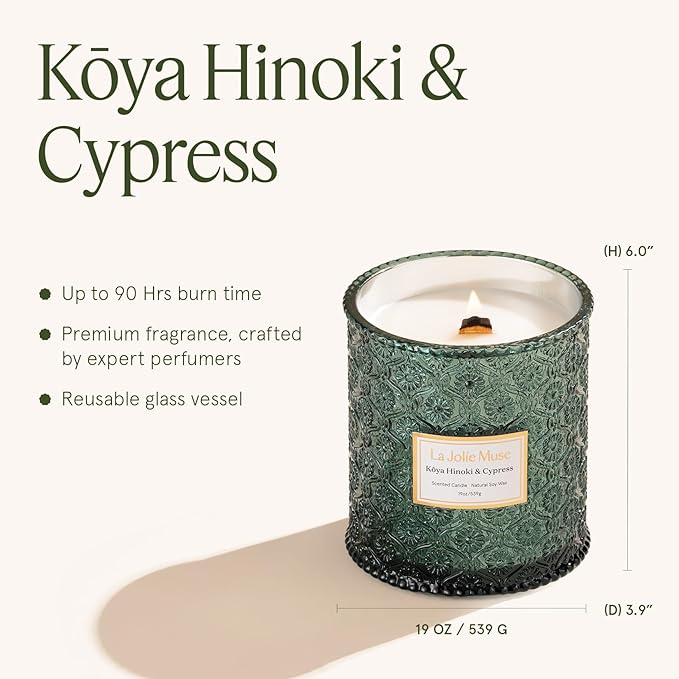 LA JOLIE MUSE Kōya Hinoki & Cypress Candle | Pine, Hinoki & Cedarwood | 19 oz Wooden Wick Soy Candle | 90-Hour Burn | Daily Relaxation & Cozy Ambiance