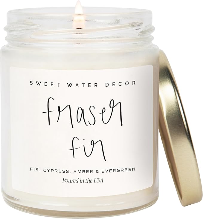 Sweet Water Decor Fraser Fir Candle - Evergreen, Cedar, Winter Holiday Scented Soy Christmas Candles for Home - 9oz Clear Jar, 40 Hour Burn Time, Made in The USA