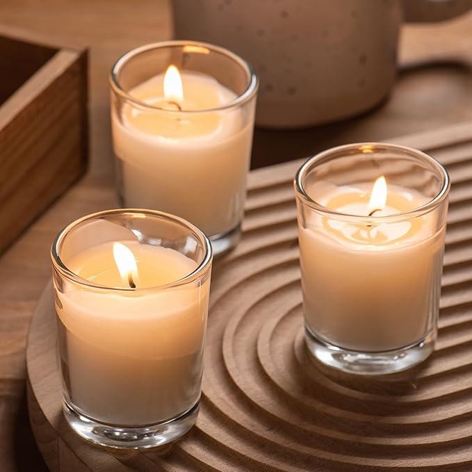 Housecret 72 Pack Warm White Unscented Clear Glass Filled Votive Candles. Hand Poured Wax Candle Ideal Gifts for Aromatherapy Spa Weddings Birthdays Holidays Party