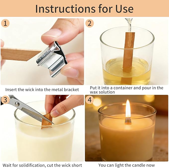 140 Pcs Wooden Candle Wicks Kit, Includes 50 Wood Wicks (5.1 x 0.5in), 50 Iron Stands and 50 Wick Stickers, Naturally Smokeless Candle Cores for DIY Candle Making