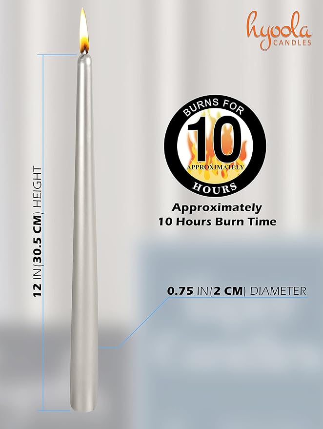 Hyoola Tall Taper Candles - 12 Inch - Metallic Titan - Dripless - 12 Pack - 10 Hour Burn Time