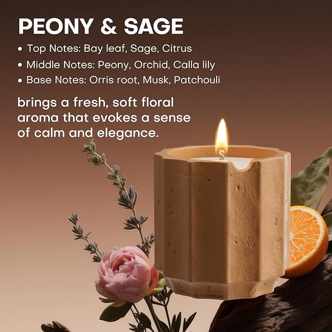 Scented Candles Set for Home, Natural Soy Wax Candle Gift, Non-Toxic Cement Jar Candles, Luxury Aromatherapy for Stress Relief, Highly Scented, Gifts for Women and Men (Peony & Sage)
