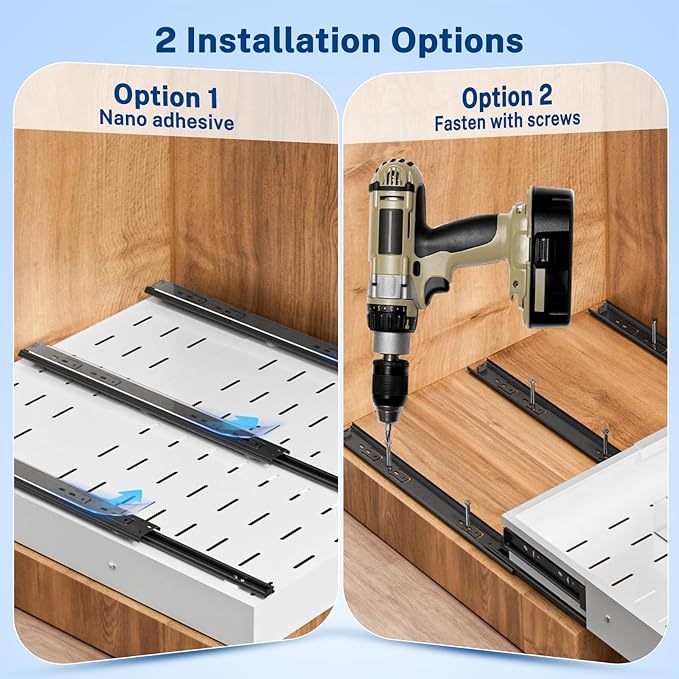 Insputer Pull Out Cabinet Organizer Expandable (12.4"-20.08")W & (16.26"-22.44")D, No Drill Slide Out Drawers with 3 Slide Rails, 2Pcs Magnetic Panel, Adhesive Roll Out Shelf for Kitchen, Pantry White