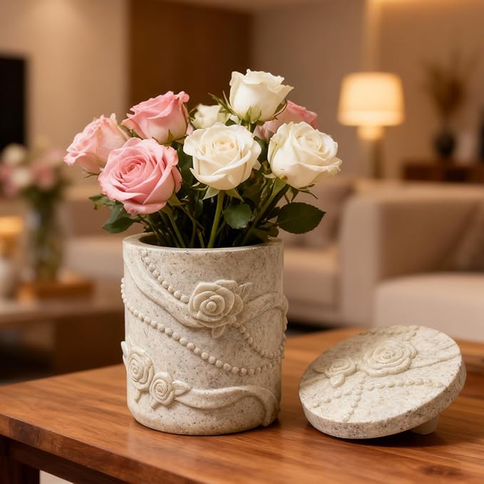 1 Pc Pearl Ribbon Rose Resin Jar Mold with Lid Delicate Cylindrical Flower Pot Candle Mold for Plaster Cement Concrete Epoxy DIY Home Decoration Jewelry Storage Box Candlestick Candy Jar