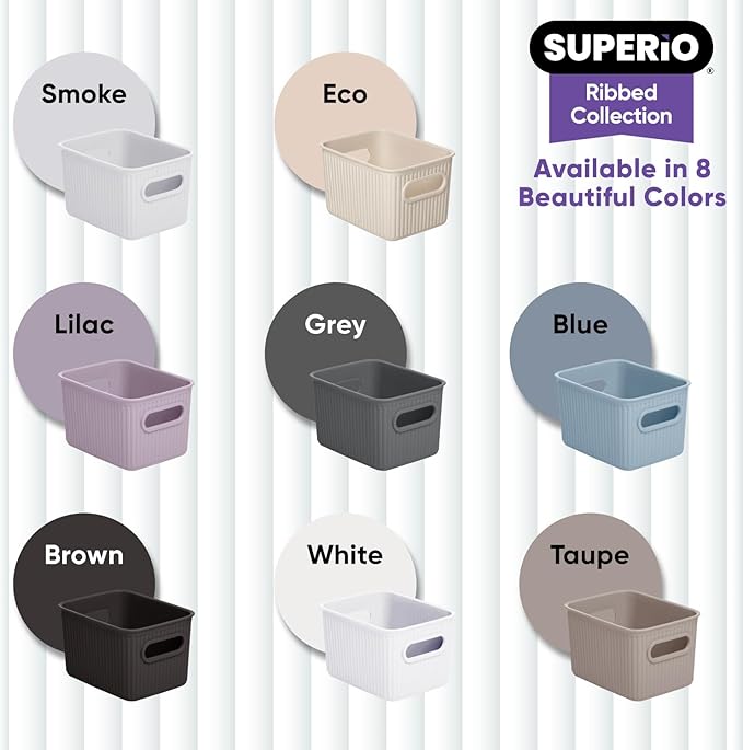 Superio Ribbed Collection - Decorative Plastic Basket Open Home Storage Bins Organizer, Small Taupe (4 Pack) Container Boxes for Organizing Closet Storage Bins for Shelves Drawer Shelf 1.5 Liter