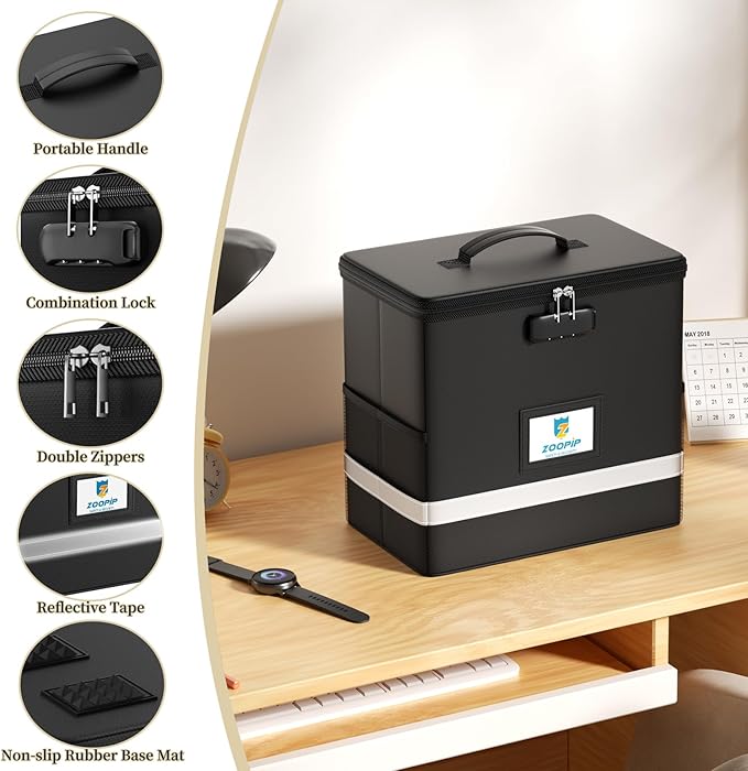 Fireproof File Box with Lock, Document Box Storage Organizer, Suitable for Hanging File Folders in Letter Size, Collapsible File Box, Reflective Strip for Fast Find (12.2"*6"*10.2, Black)