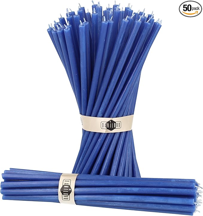 Danilovo Thin Taper Beeswax Candles - Honey-Scented, Decorative Candles Ideal for Birthday Decoration or Church Prayers - Blue Drip Free, Tall & Smokeless Pack of 50 pcs, 7.3 x 0.24 inch
