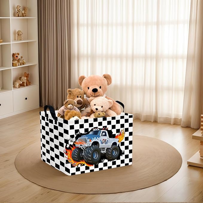Racing Car Storage Basket Monster Truck Toy Book Shelf Basket Kid Room Decor Gift (Black and White Checkered)