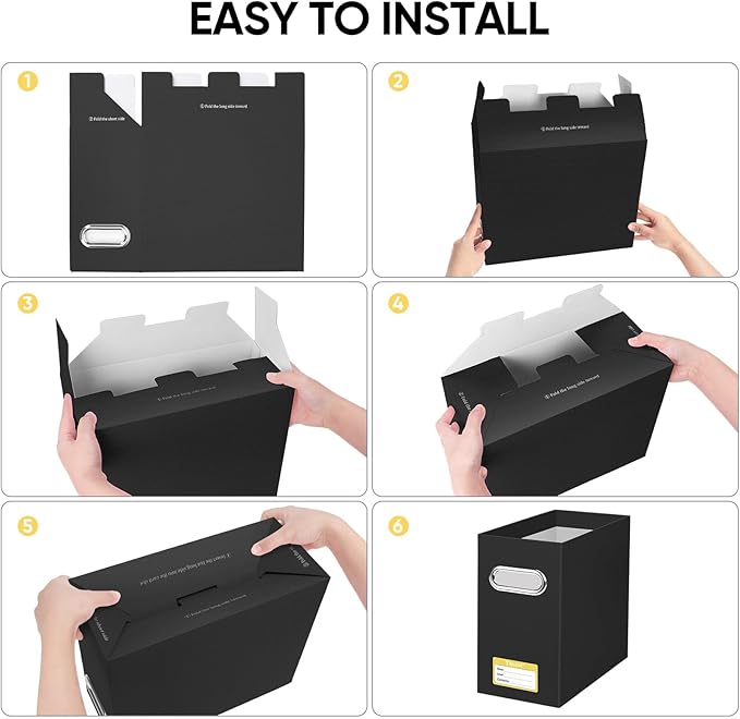 BALEINE File Organizer Box, Cardboard File Folder Organizer with Handle for Letter Size, Portable Collapsible Hanging Filing Box for Home Office Document Storage (4 Pack, Black)